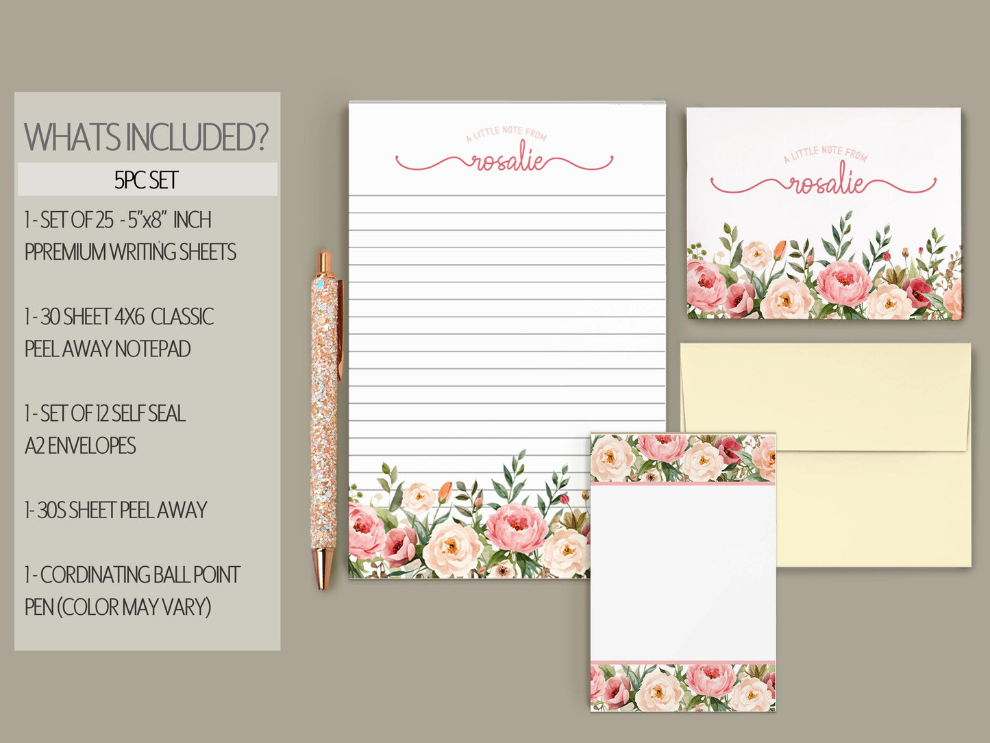 Personalized Stationery Set - Pink Rose Floral Writing Paper & Envelopes Gift