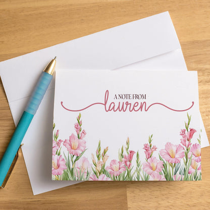 Personalized Note Cards - Custom Name Notecards with Pink Floral Stationery Set