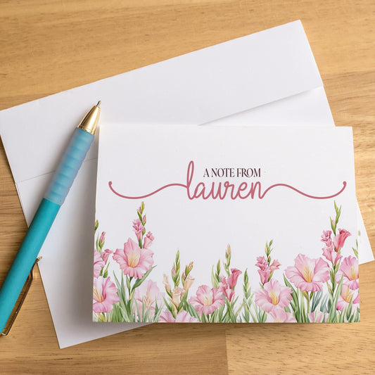 Personalized Note Cards - Custom Name Notecards with Pink Floral Stationery Set