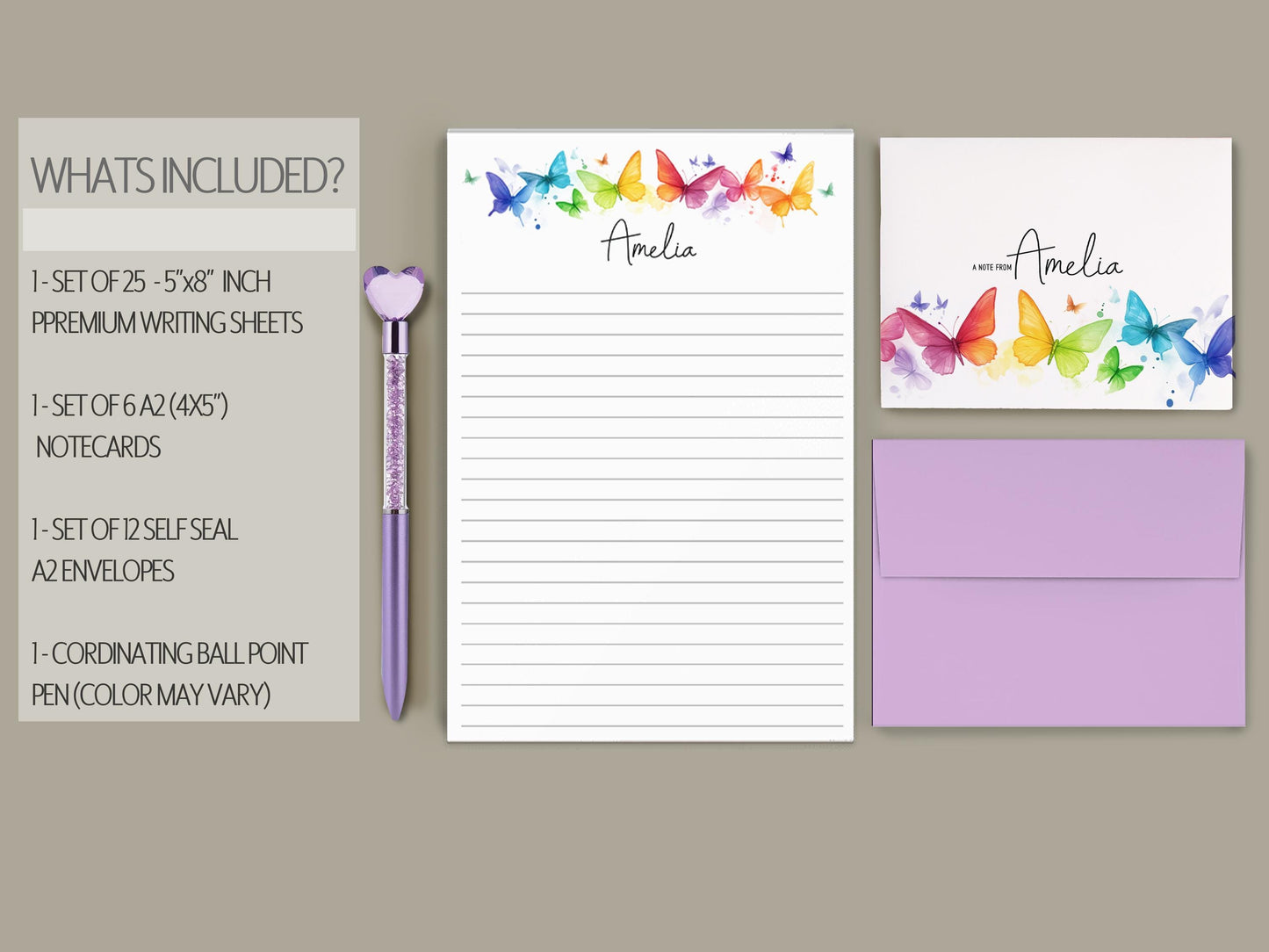Personalized Stationery Set - Rainbow Butterfly Letter Writing Sets with Premium Paper & Self-Seal Envelopes