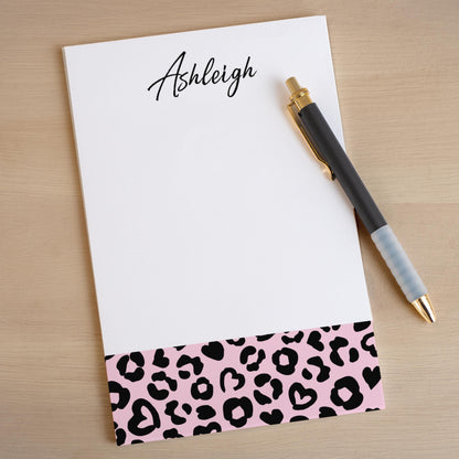 Personalized Leopard Notepad - Custom Pink Notepad with Hard Backing, Easy Tear Away Pages