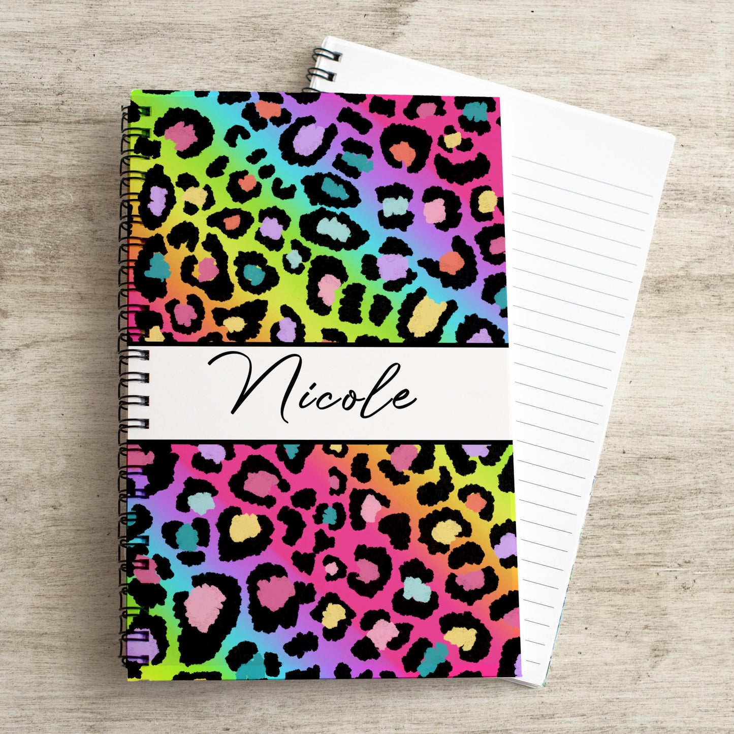 Custom Spiral Notebooks - Personalized Rainbow Cheetah Print Kids Name Journals