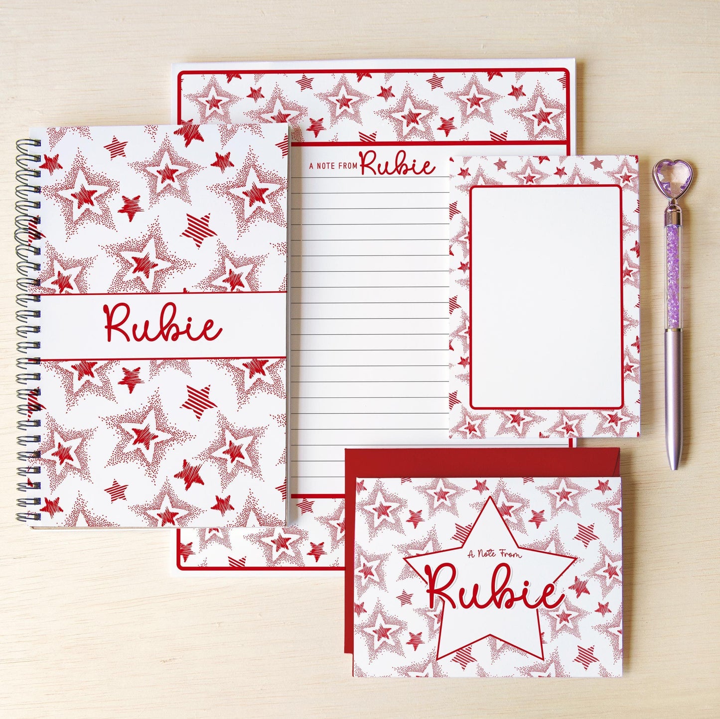 Personalized Stationery Set - Girls Star Letter Writing Set with Notebook and Pen