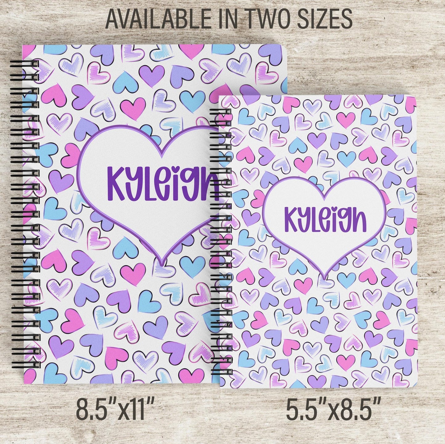 Personalized Girls Notebook - Spiral Bound Journal with Purple Pink Heart Design