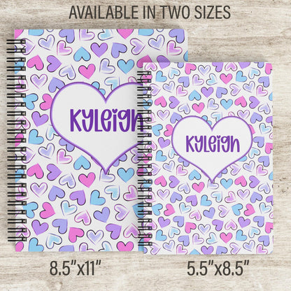 Personalized Girls Notebook - Spiral Bound Journal with Purple Pink Heart Design