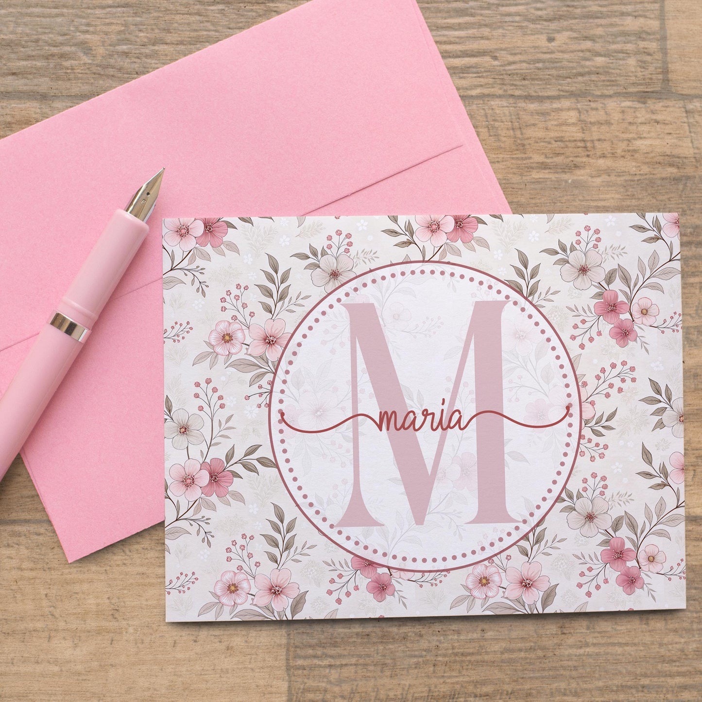 Personalized Note Cards – Custom Folded Cards, Pink Wildflower Stationery Set with Envelopes
