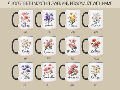 Custom Birth Flower Mug - Personalized Monogram Name Coffee Cup | Ceramic, Microwave Safe