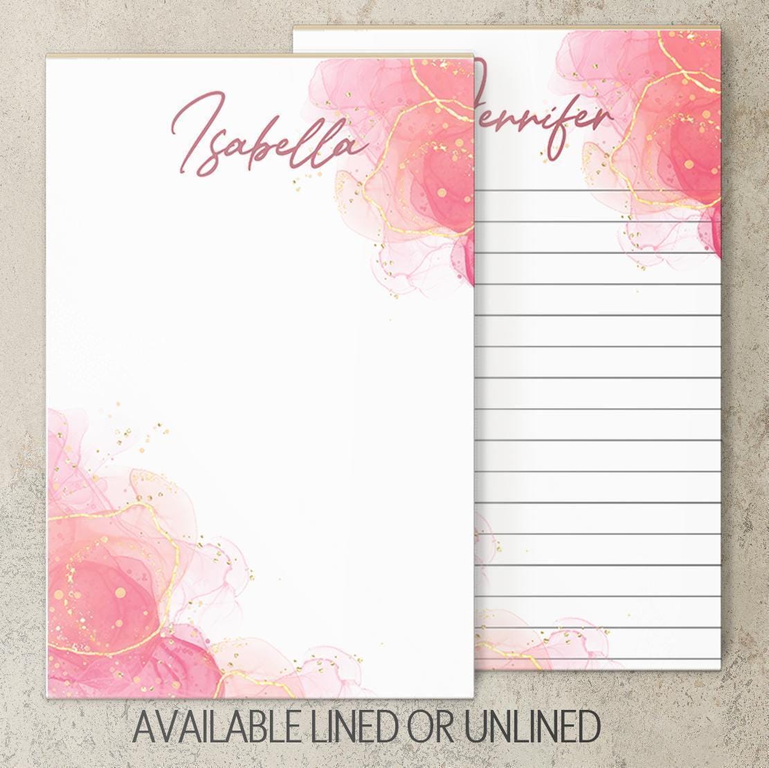 Personalized Notepad - Custom Name Notepad With Pink Watercolor Design, Marble Stationery