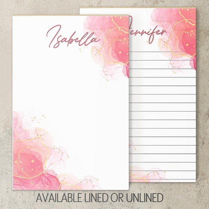 Personalized Notepad - Custom Name Notepad With Pink Watercolor Design, Marble Stationery