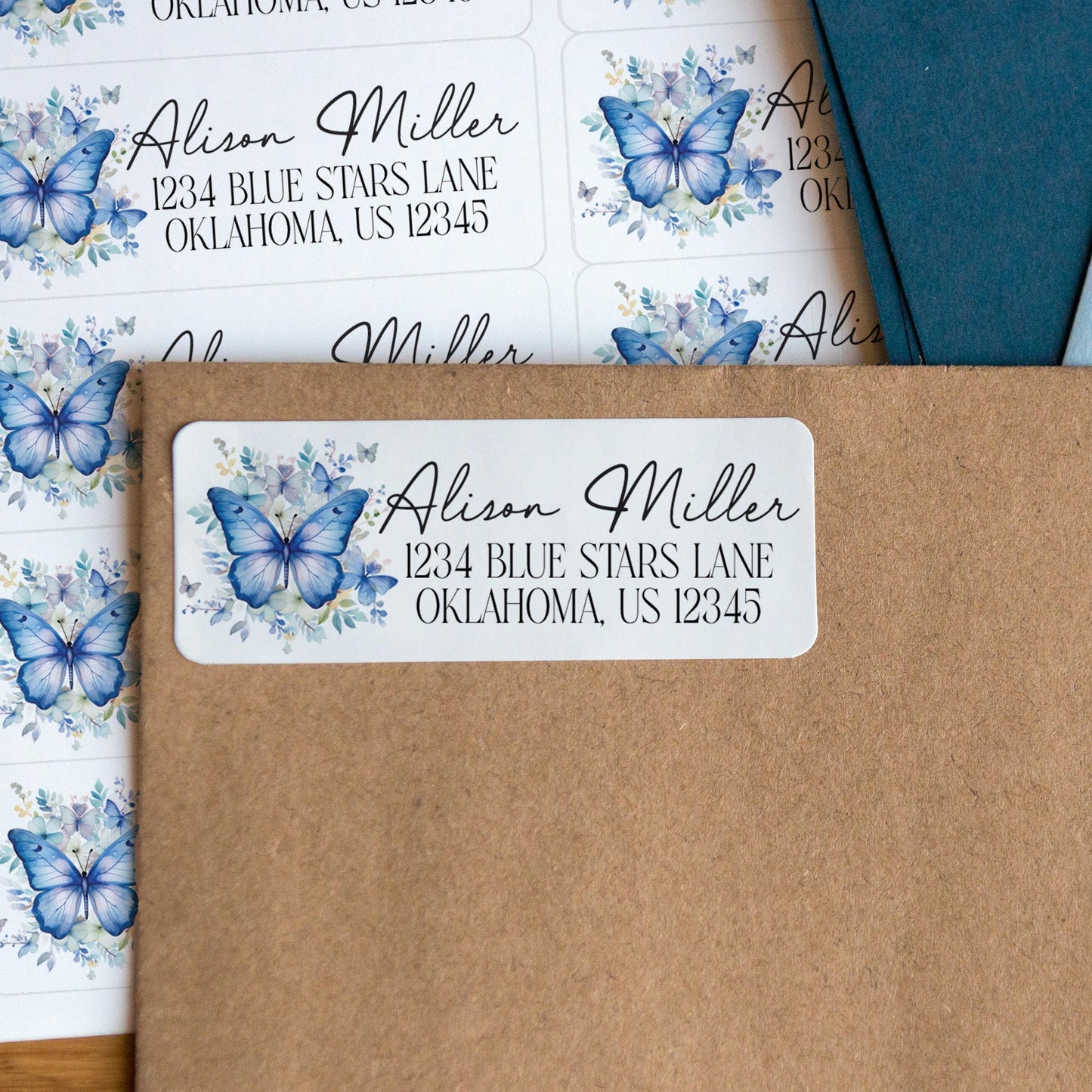 Custom Return Address Labels - Blue Butterfly Floral Personalized Stickers