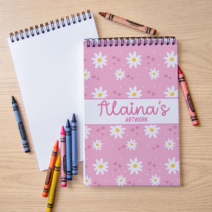 Girls Personalized Sketchbook - Custom Name Pink Daisy Drawing Pad with Heavyweight Paper