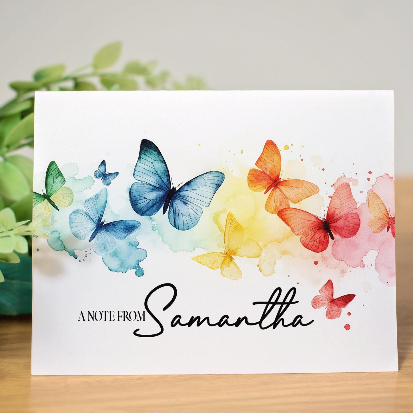 Personalized Note Cards - Rainbow Butterfly Custom Name Notecards with Envelopes