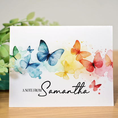 Personalized Note Cards - Rainbow Butterfly Custom Name Notecards with Envelopes