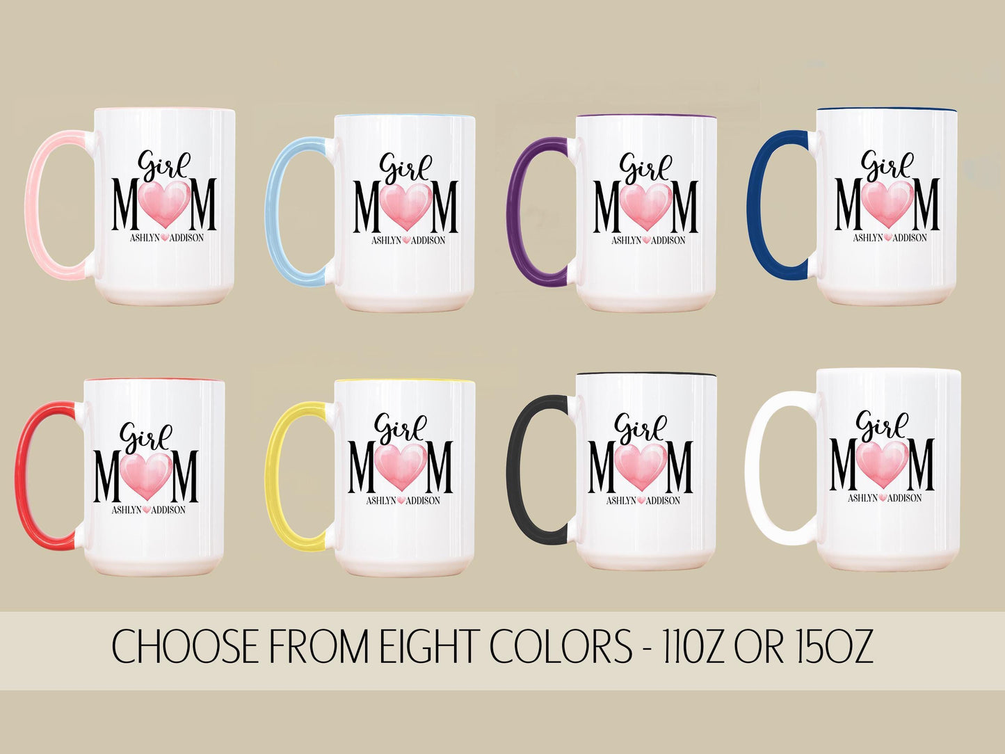 Personalized Girl Mom Mug – Custom Name Ceramic Coffee Cup with Pink Heart Gift for Mom