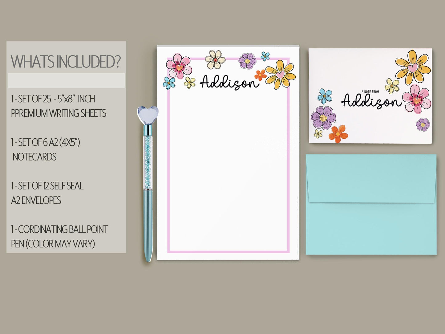 Personalized Stationery Set - Premium Letter Writing Set with Colorful Flower Print Notepad & Self Seal Envelopes