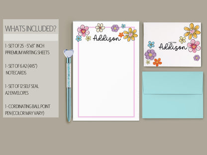 Personalized Stationery Set - Premium Letter Writing Set with Colorful Flower Print Notepad & Self Seal Envelopes