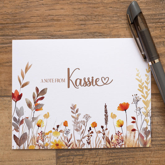 Personalized Note Cards - Boho Autumn Fall Wildflower Custom Name Notecards with Envelopes