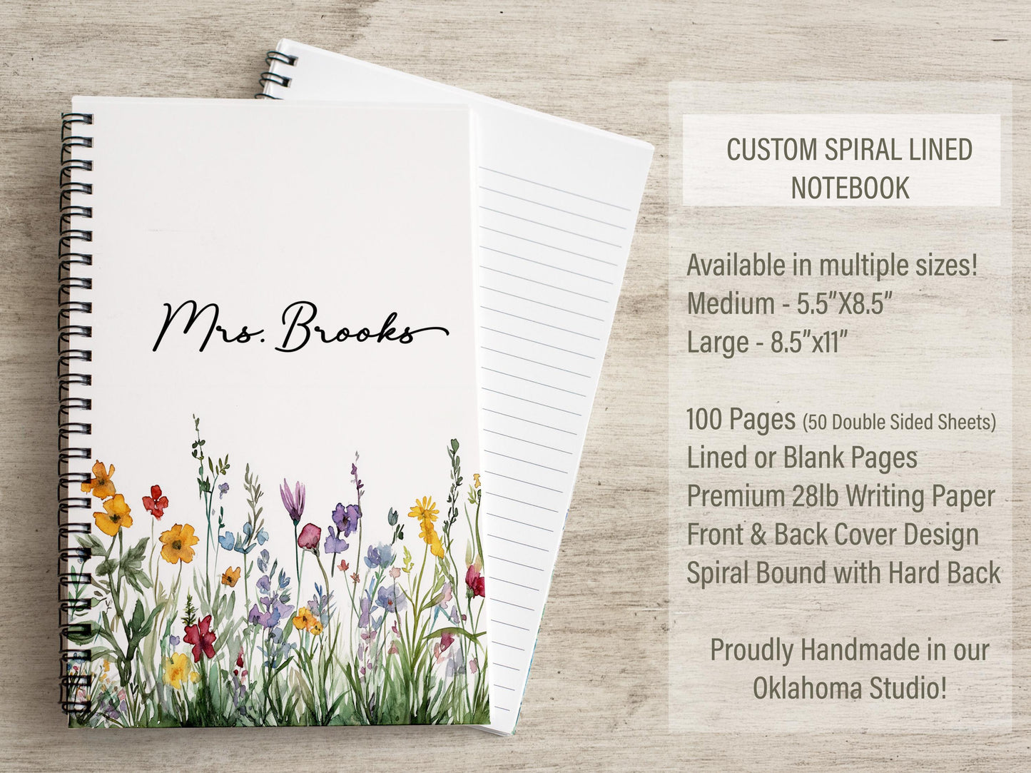 Personalized Spiral Notebook - Custom Wildflower Journal with Name | Teacher Gift