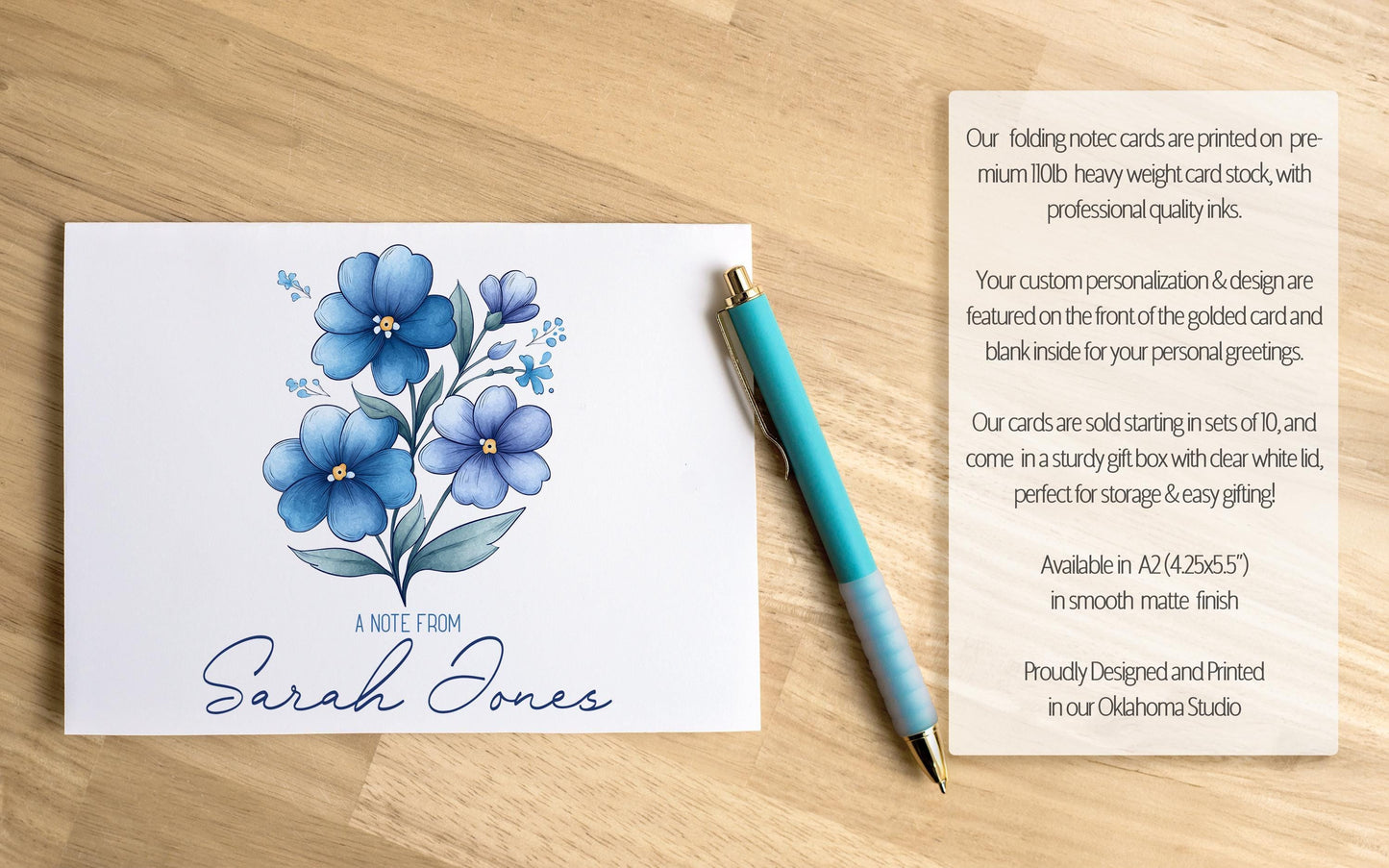 Personalized Note Cards – Blue Wildflower Floral Thank You Notes with Matching Envelopes