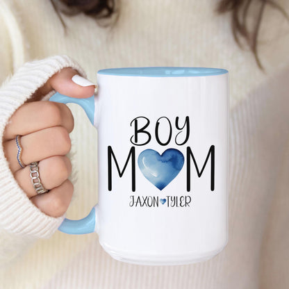 Personalized Boy Mom Mug - Custom Name Mug With Blue Heart | Dishwasher Safe Ceramic Coffee Cup