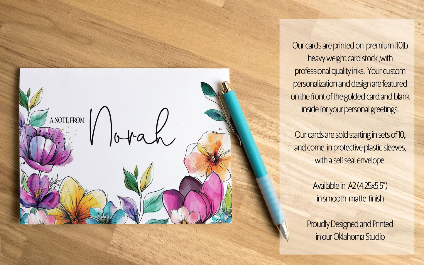 Personalized Note Cards – Wildflower Stationery Set with Custom Name, Envelopes