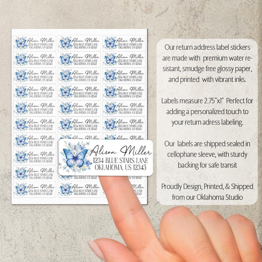 Custom Return Address Labels - Blue Butterfly Floral Personalized Stickers