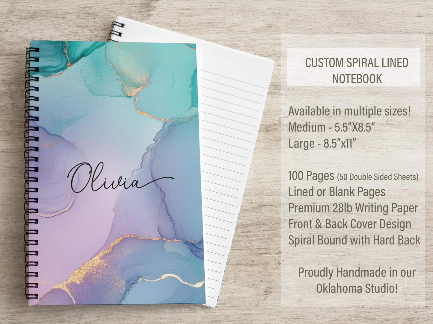 Personalized Notebook - Custom Name Marble Teal Journal | Spiral Bound, Lined & Blank Pages
