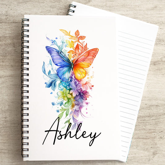 Personalized Notebook - Custom Rainbow Butterfly Spiral Bound Journal with Lined Pages