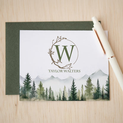 Personalized Note Cards - Custom Folded Cards with Name, Mountain & Evergreen Forest Design