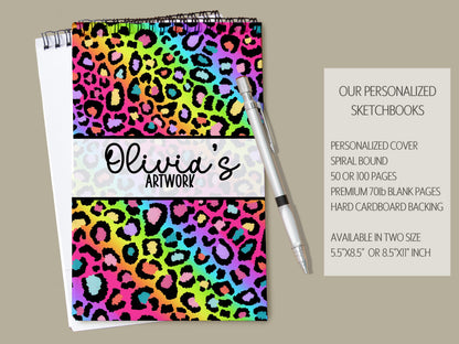 Girls Personalized Sketchbook - Rainbow Leopard Sketchbook with Heavyweight Drawing Paper