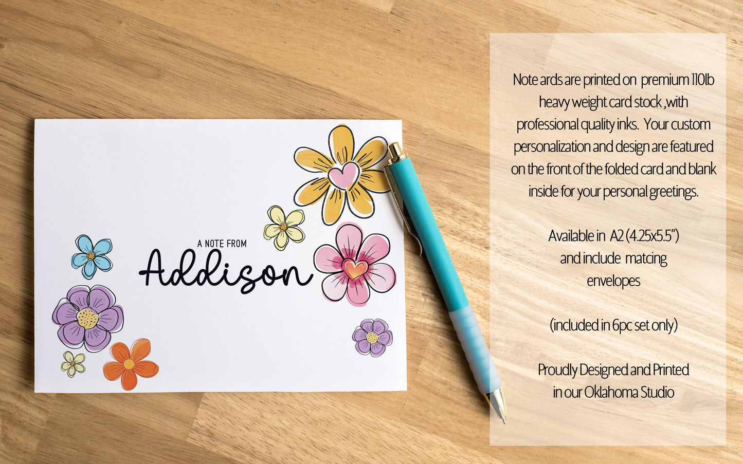 Personalized Stationery Set - Premium Letter Writing Set with Colorful Flower Print Notepad & Self Seal Envelopes