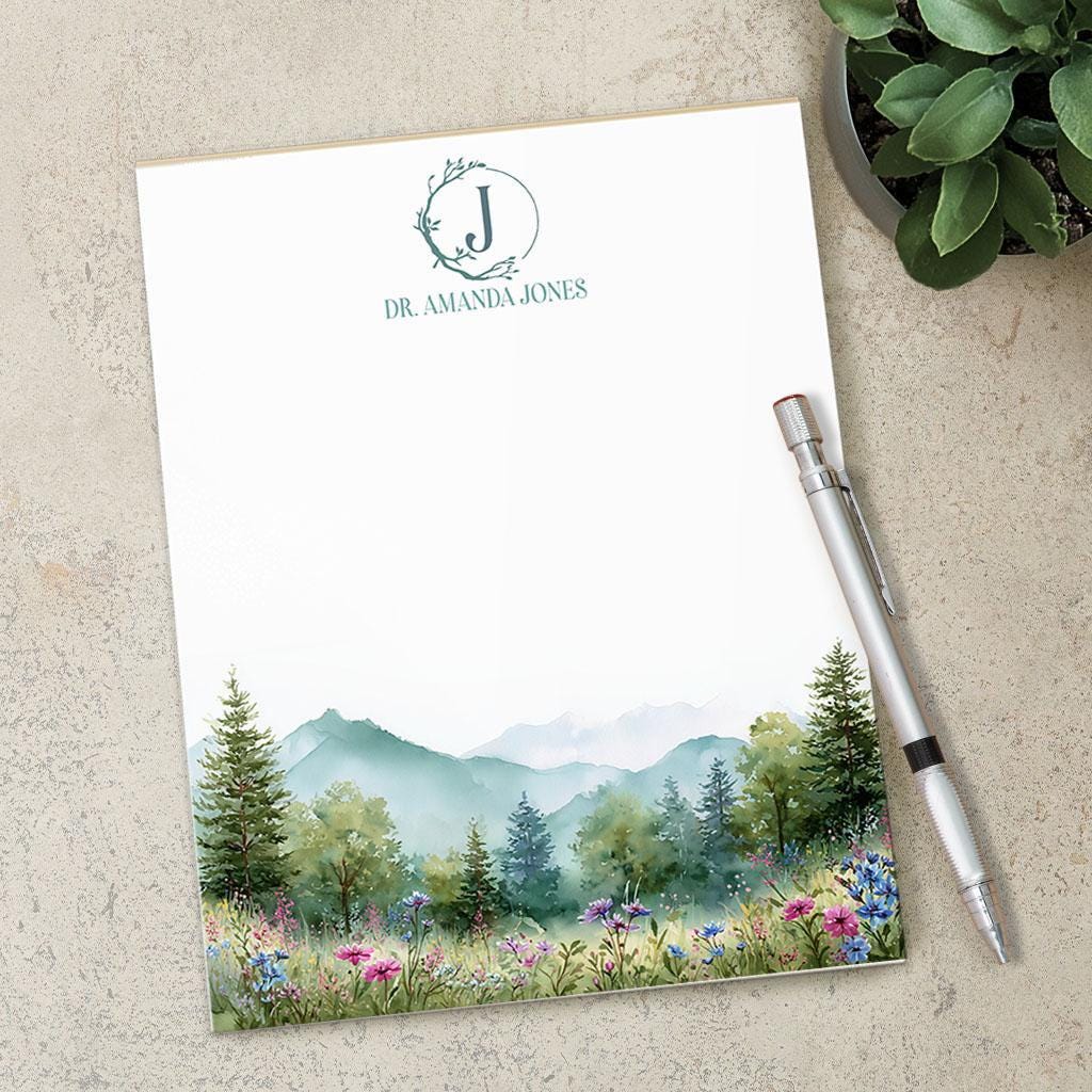 Personalized Monogram Notepad – Custom Forest Wildflower Stationery with Initial