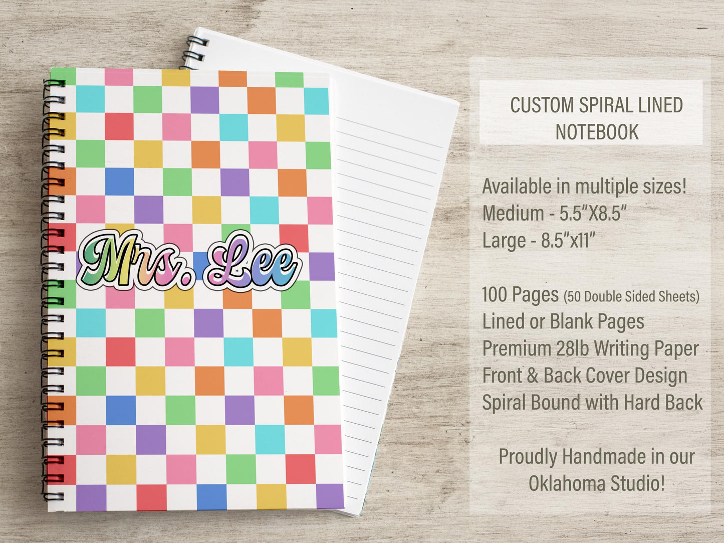 Custom Spiral Notebook - Personalized Rainbow Checkered Journal for Kids & Teachers