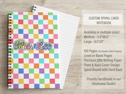 Custom Spiral Notebook - Personalized Rainbow Checkered Journal for Kids & Teachers