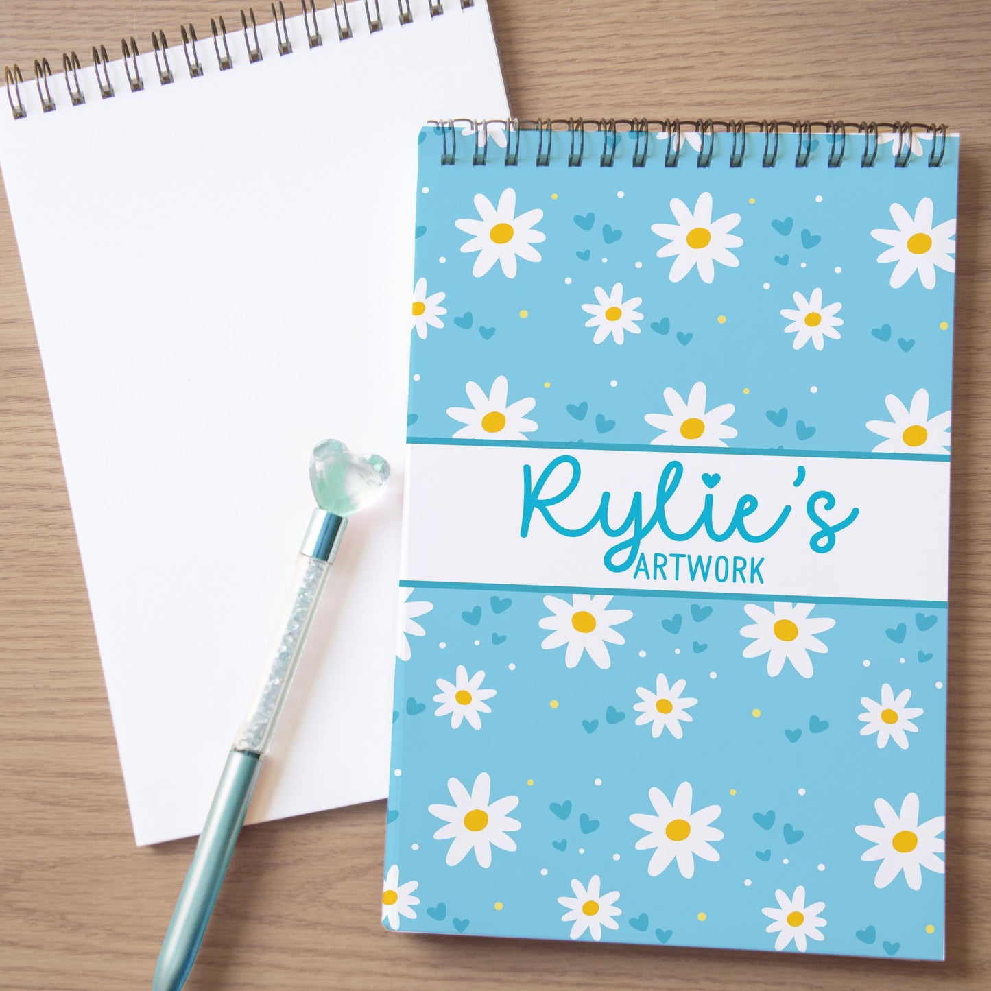Girls Personalized Sketchbook - Custom Art Book with Blue Daisy Cover | Kids Drawing Pad