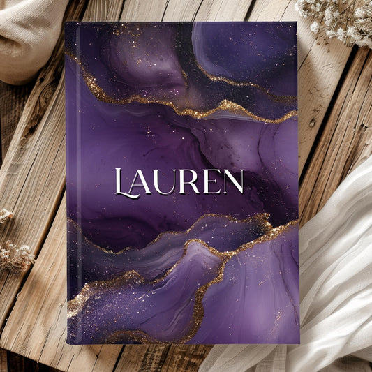 Personalized Hardcover Journal - Custom Name Purple Marbled Notebook Gift for Mothers Day