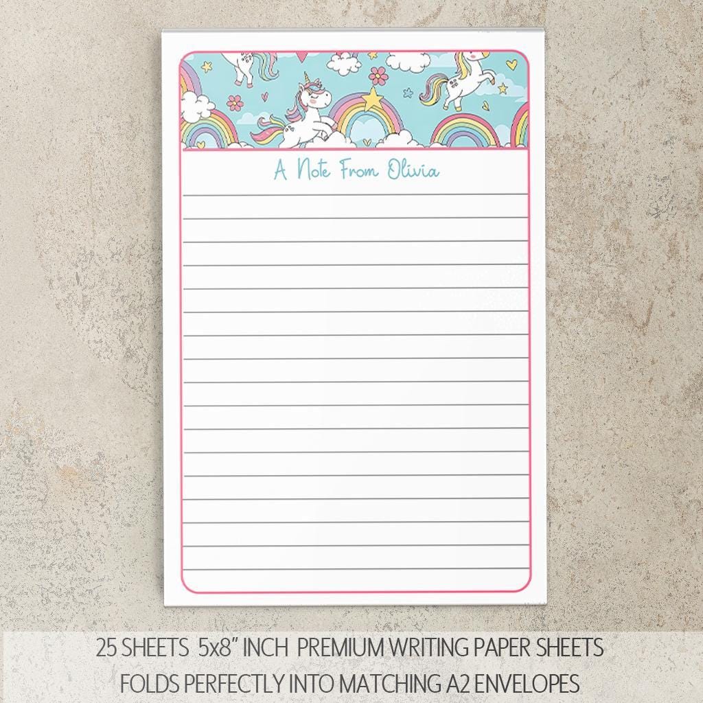 Personalized Stationery Set - Girls Unicorn Letter Writing Kit with Premium Notecards & Self-Seal Envelopes