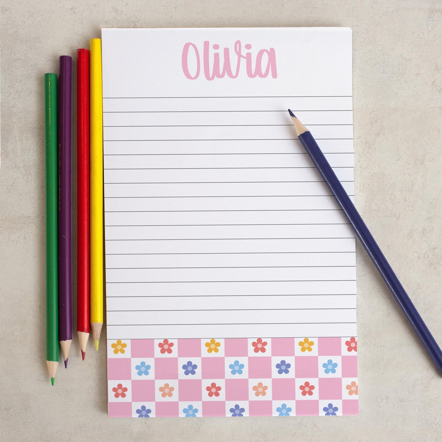 Personalized Girls Notepad – Custom Pink Flower Notepad with Checker Design, Lined Note Pads