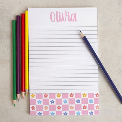 Personalized Girls Notepad – Custom Pink Flower Notepad with Checker Design, Lined Note Pads