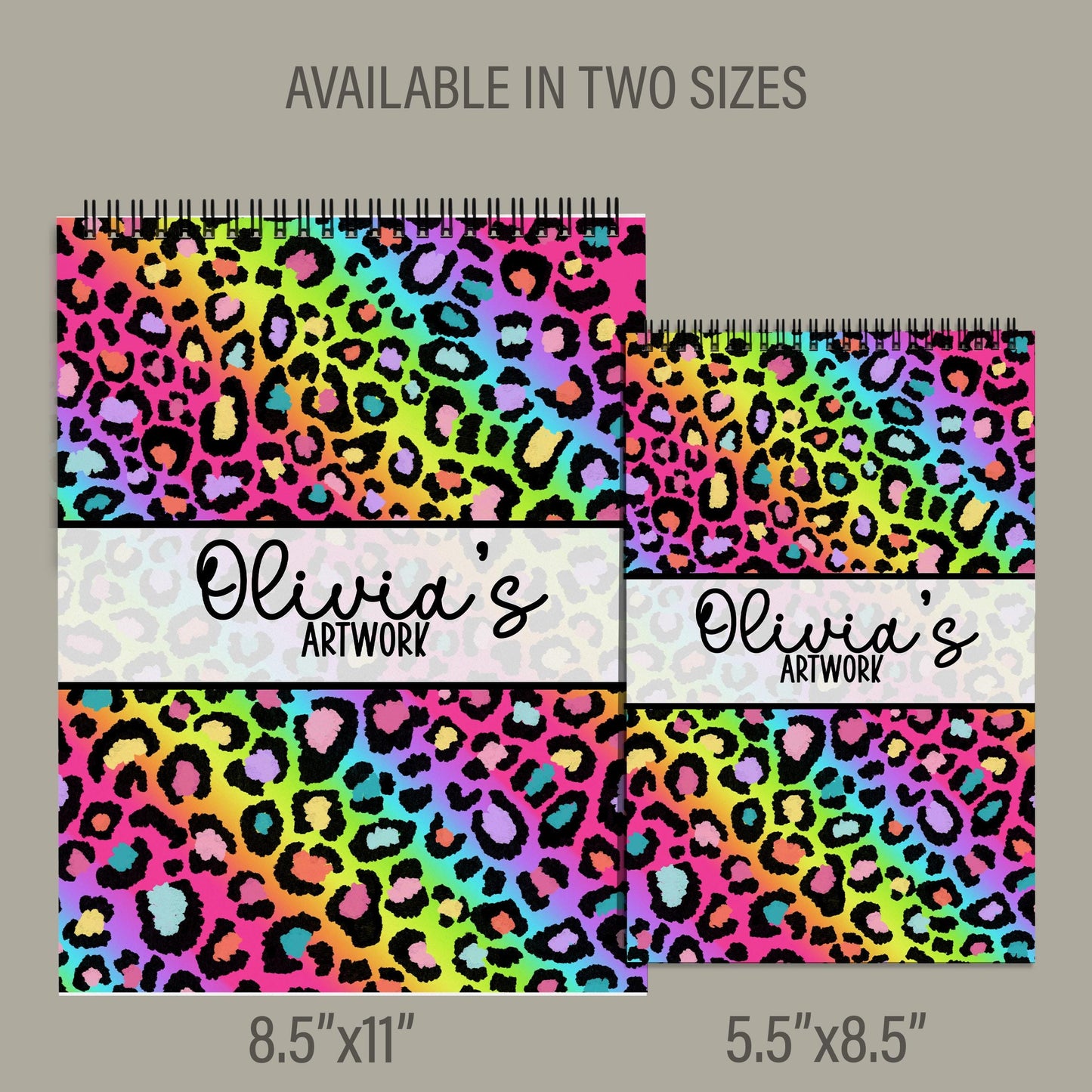 Girls Personalized Sketchbook - Rainbow Leopard Sketchbook with Heavyweight Drawing Paper