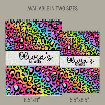 Girls Personalized Sketchbook - Rainbow Leopard Sketchbook with Heavyweight Drawing Paper