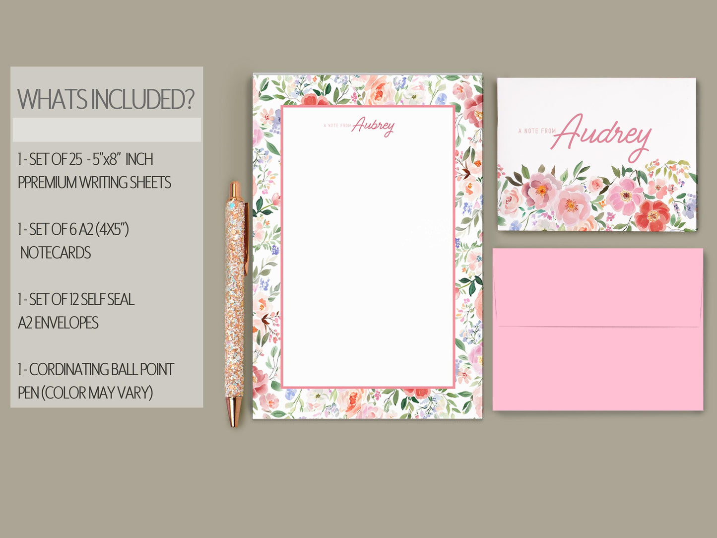 Personalized Stationery Set | Custom Wildflower Writing Paper Envelopes with Feminine Notecards