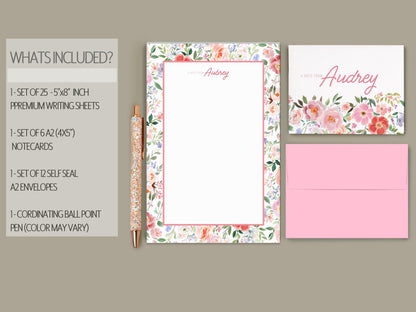 Personalized Stationery Set | Custom Wildflower Writing Paper Envelopes with Feminine Notecards