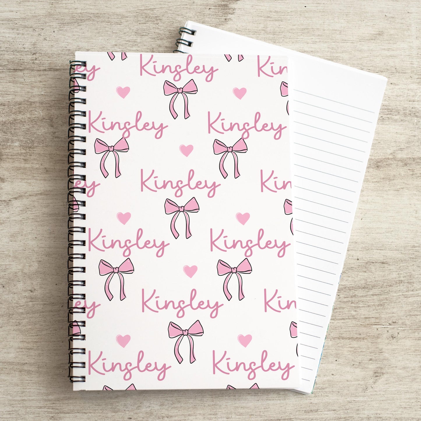 Girls Custom Notebook - Personalized Journal With Pink Coquette Bows, Spiral Bound