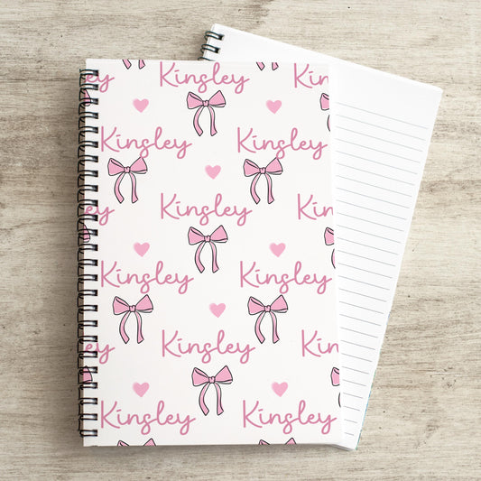 Girls Custom Notebook - Personalized Journal With Pink Coquette Bows, Spiral Bound