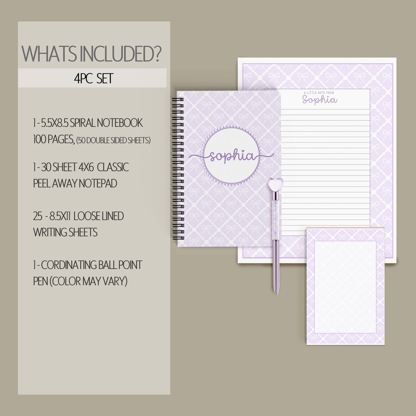Personalized Stationery Set – Kids Letter Writing Kit with Purple Bow Notebook & Envelopes