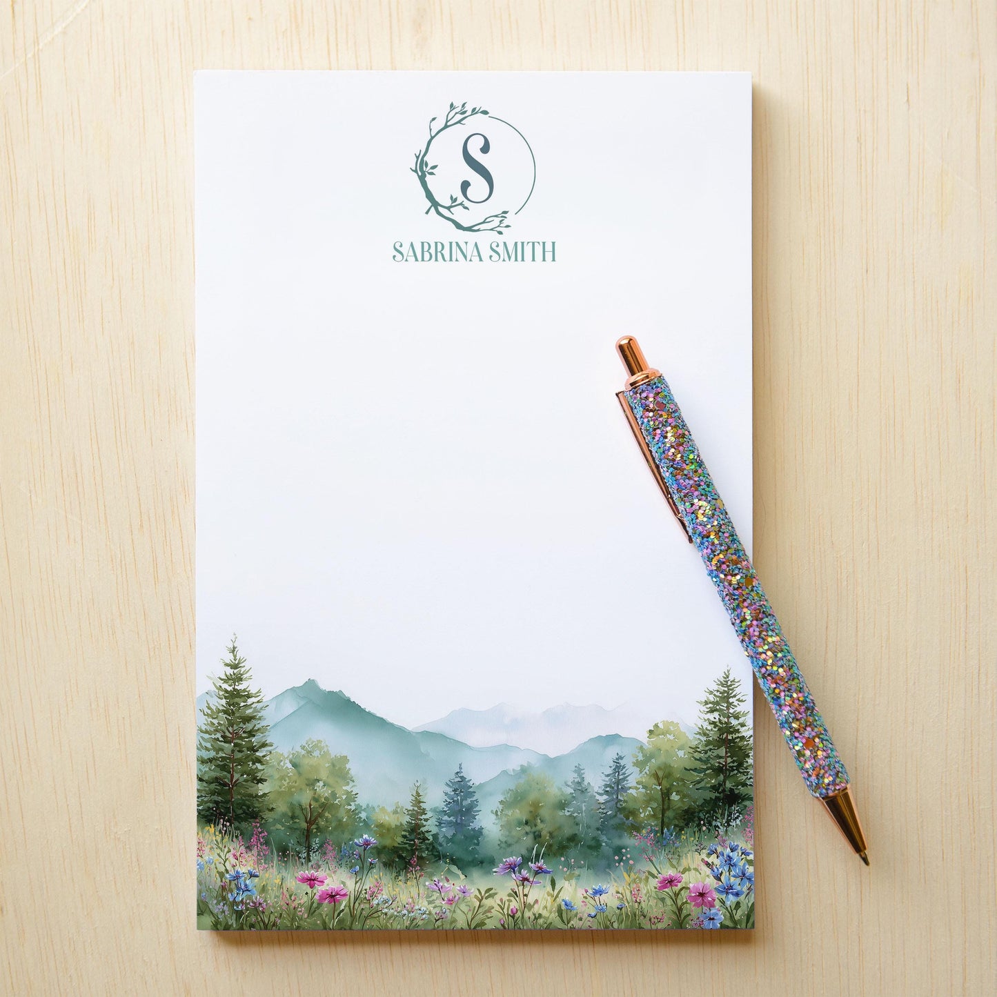 Personalized Monogram Notepad – Custom Forest Wildflower Stationery with Initial