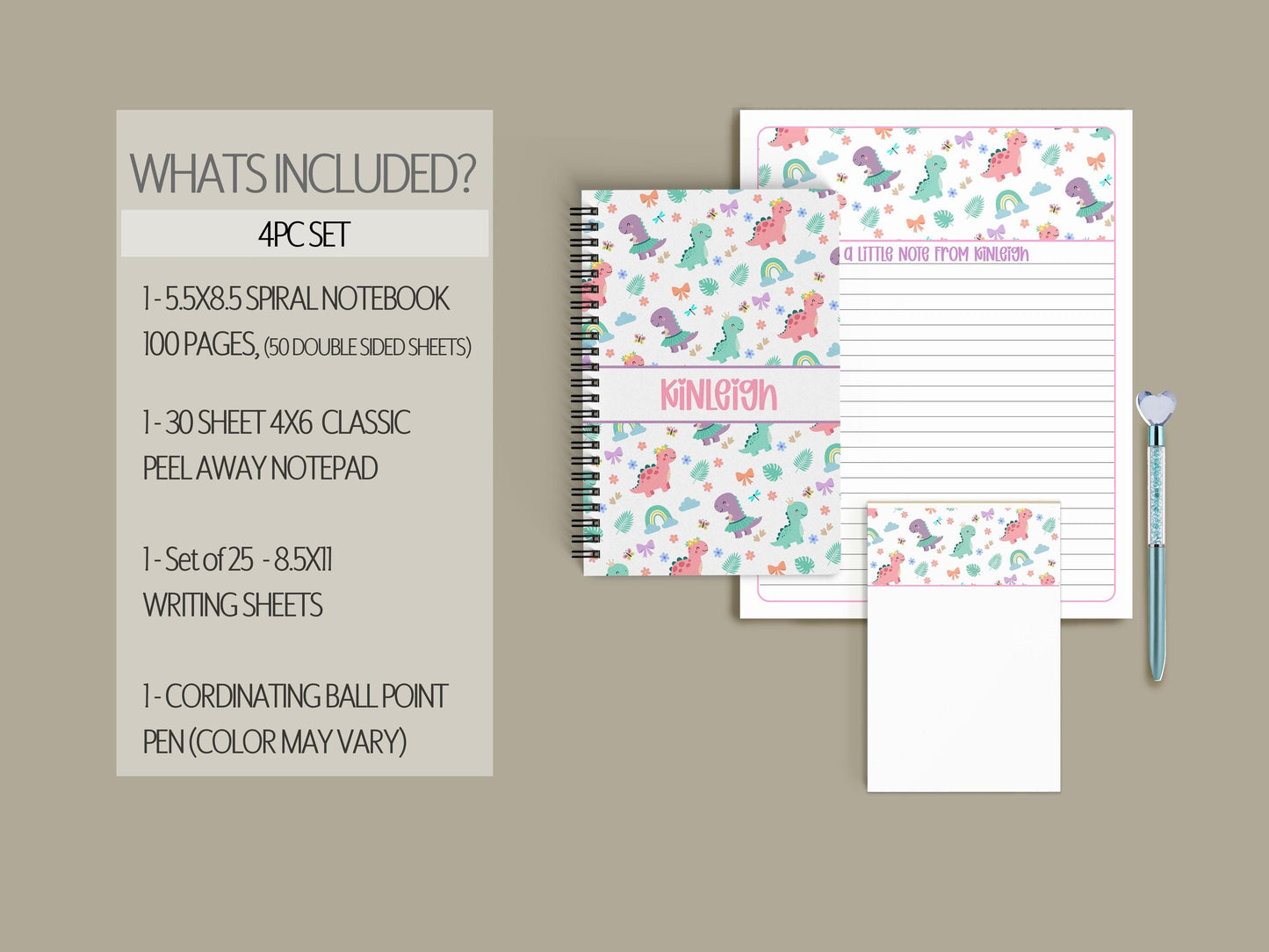 Kids Dino Stationery Set - Personalized Dinosaur Writing Paper & Notepad with Stickers