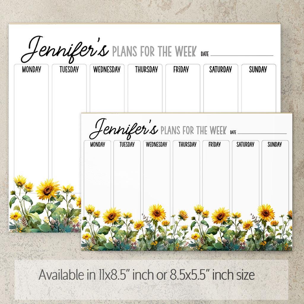 Personalized Weekly Planner - Custom Name Notepad With Sunflower Design | Teacher Gift Idea