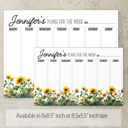 Personalized Weekly Planner - Custom Name Notepad With Sunflower Design | Teacher Gift Idea